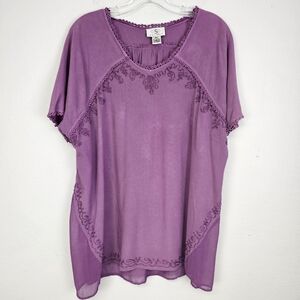 Boho Tunic OSO Casuals Purple  Mixed Media Embroidered Trim Sz 2X Fairycore